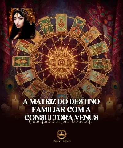 Cartas de tarot dispostas em círculo sobre fundo escuro com velas acessas e rosto feminino no canto superior esquerdo