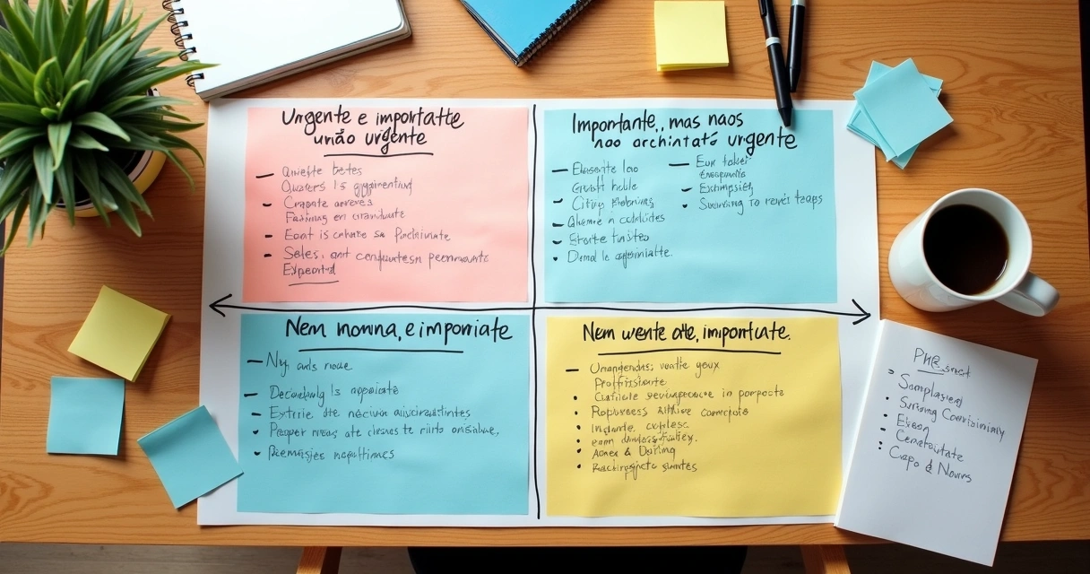 Exemplo visual da matriz de Eisenhower preenchida para uma semana de um dono de PME 
