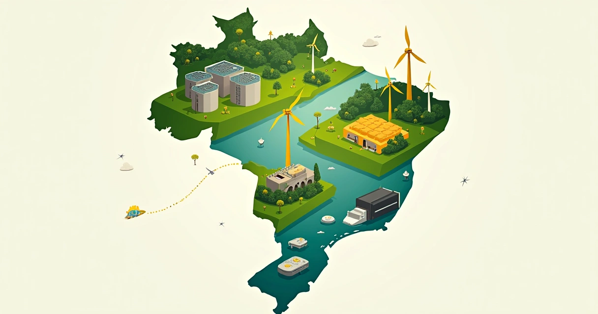 Ilustração colorida da matriz energética brasileira com ícones de hidrelétrica, solar, eólica, biomassa e nuclear. 