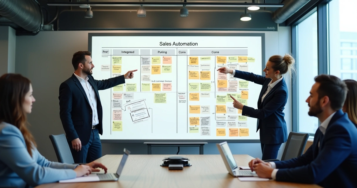 Matriz de decisão sobre automação de vendas na lousa de reunião 