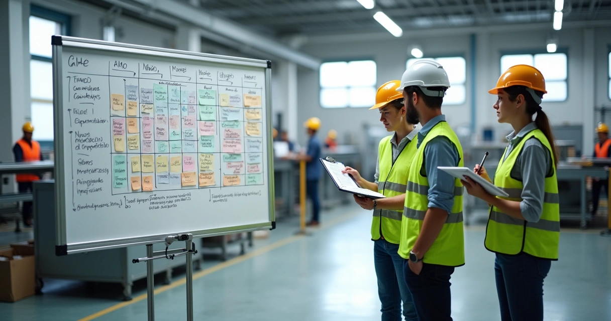Matriz de GHE desenhada em quadro branco em ambiente industrial 