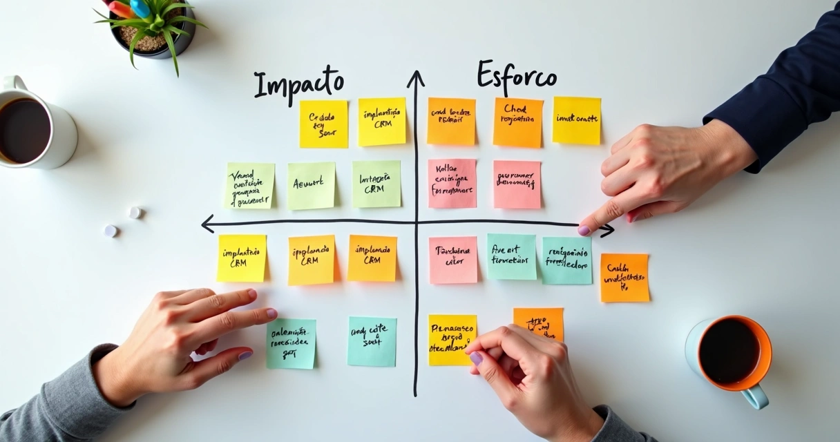 Matriz impacto x esforço preenchida com iniciativas de negócio e post-its coloridos 