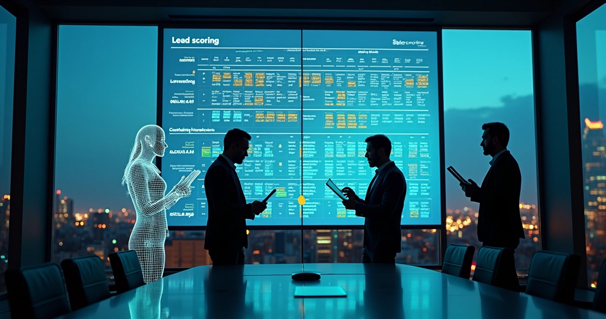 Profissional analisa matriz de lead scoring com ajuda de assistente virtual de IA em tela grande 