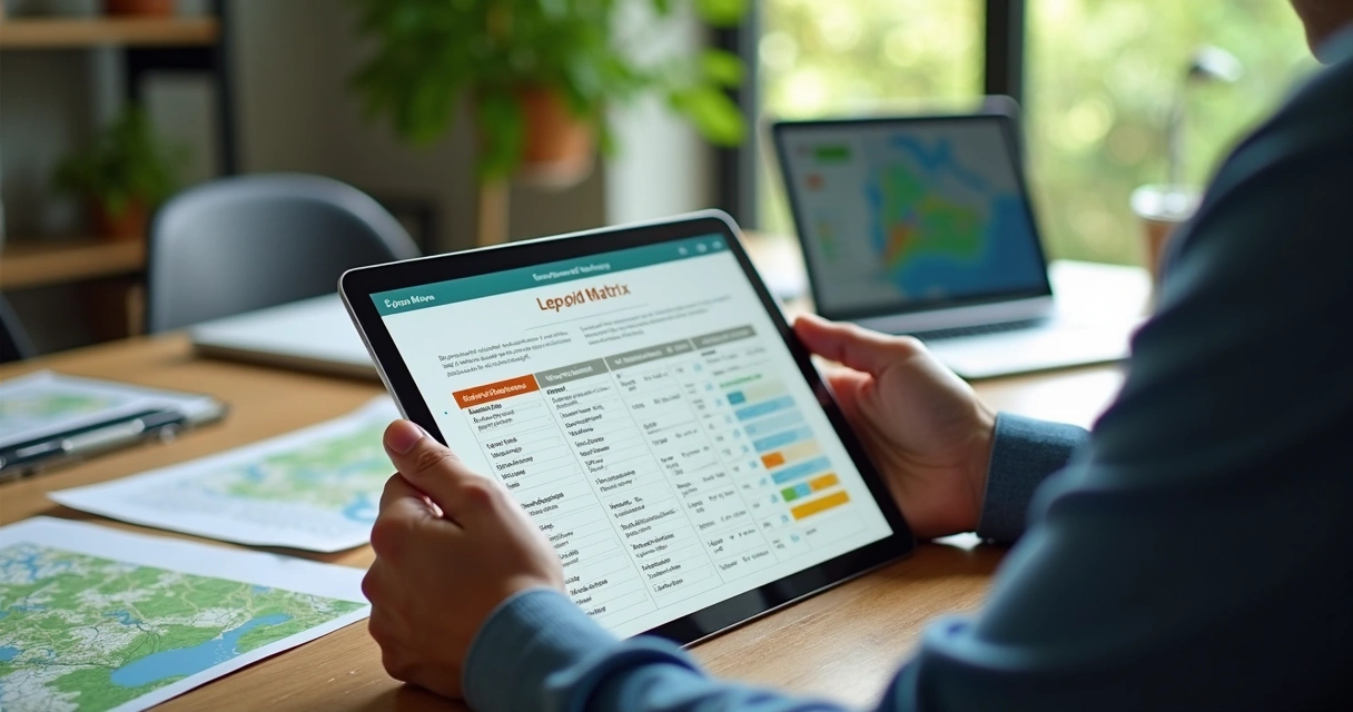 Consultor ambiental usando Matriz de Leopold em tela digital com gráficos e listas ambientais detalhadas 