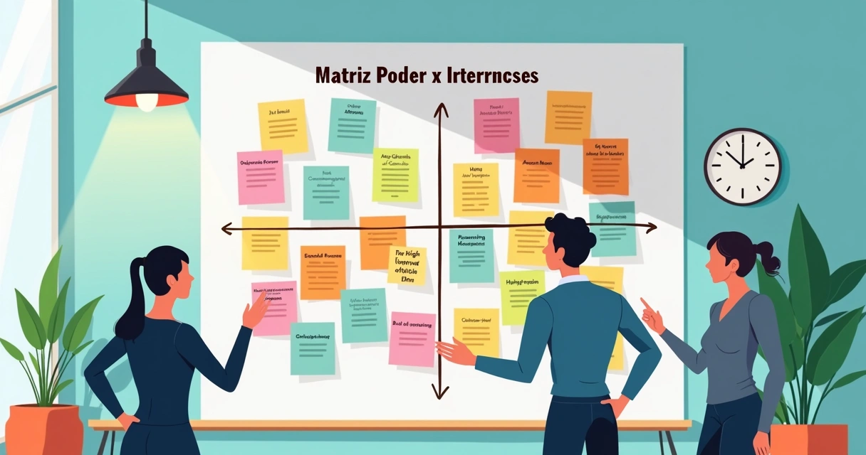 Matriz poder x interesse ilustrada com post-its coloridos 