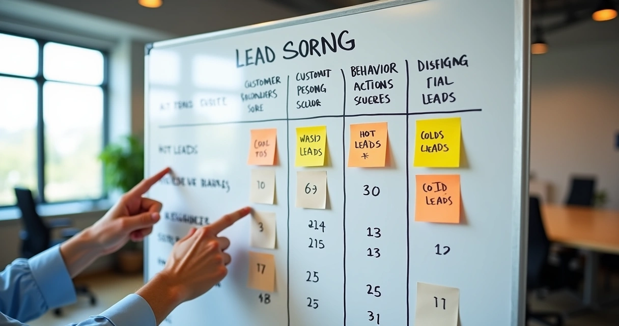 Quadro branco com matriz de pontuação de leads desenhada 