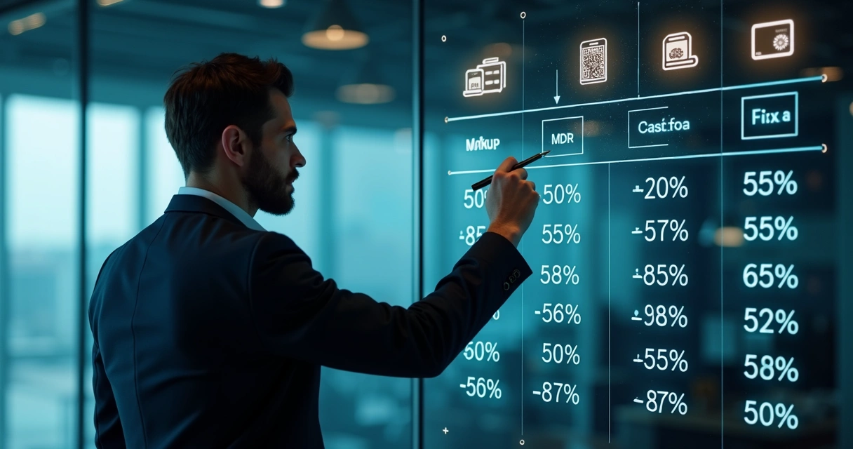 Profissional de fintech montando matriz de precificação com números e taxas em tela gigante 