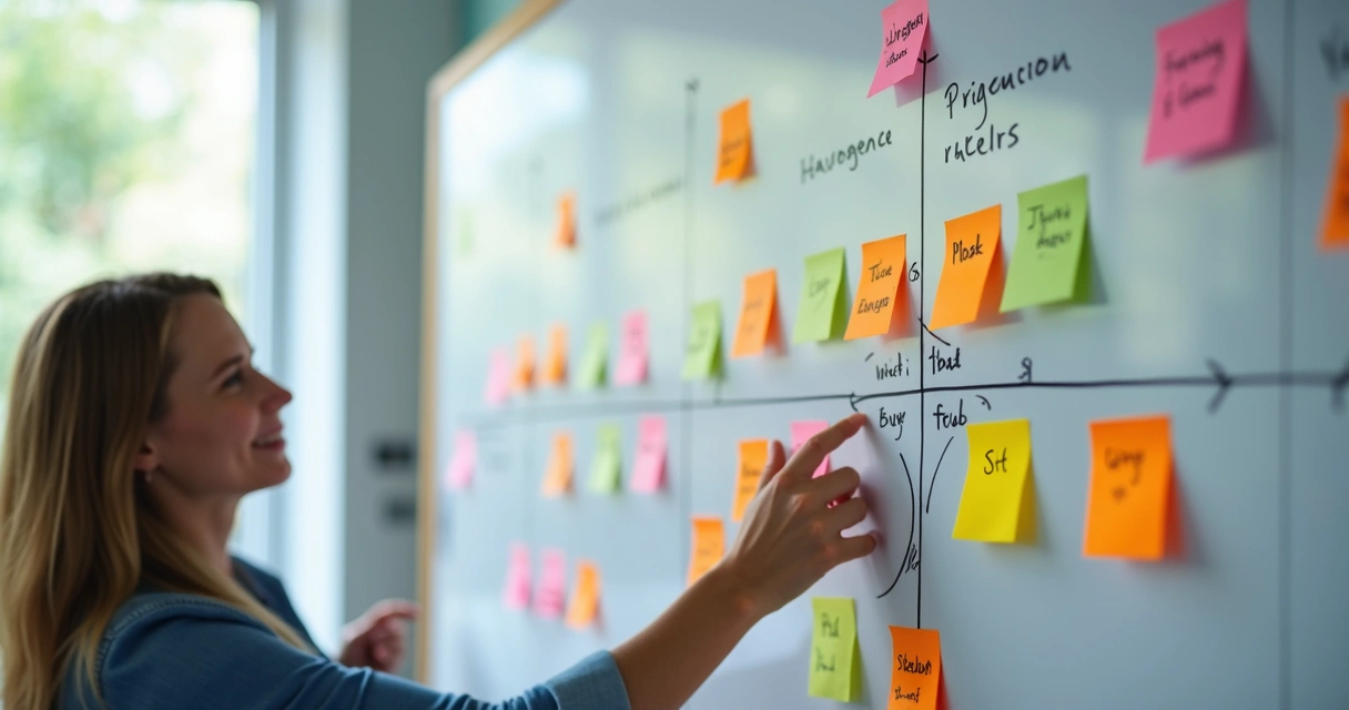 Quadro de matriz de priorização com post-its coloridos separados em diferentes níveis de urgência e valor para o cliente.
