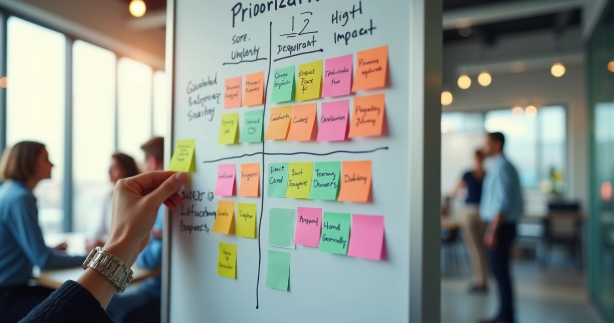Matriz de priorização de tarefas desenhada em quadro branco com post-its coloridos