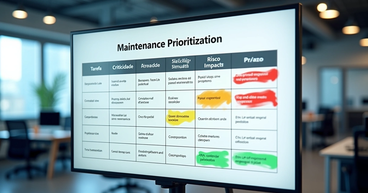 Matriz de priorização de manutenção com cores e tarefas preenchidas 