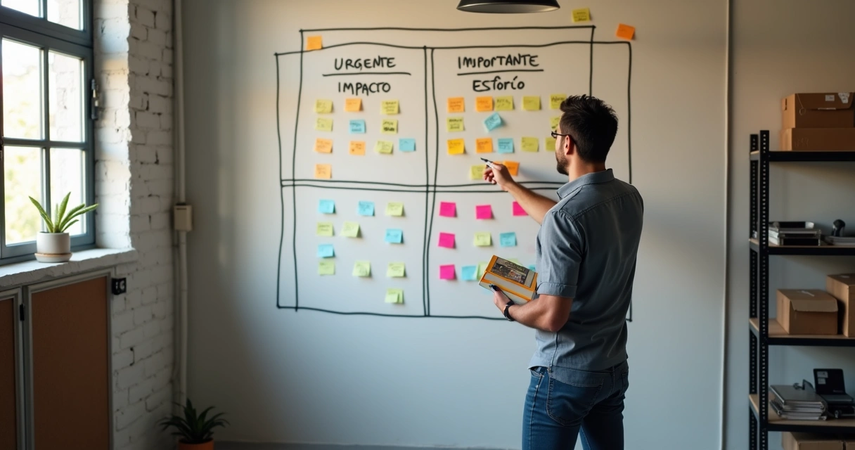 Dono de pequena empresa organizando prioridades em matriz de post-its na parede 