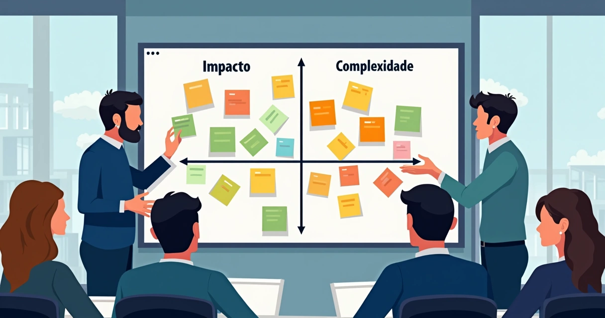 Ilustração de uma matriz de priorização e impacto em uma lousa digital, com post-its e gráficos coloridos 