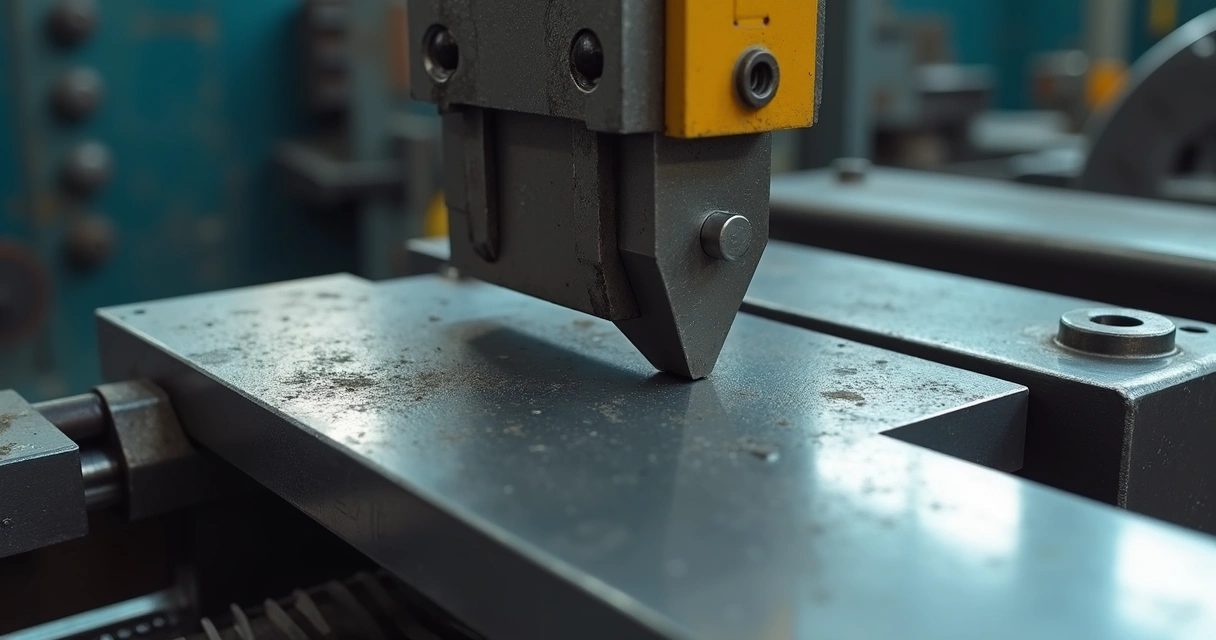 Matriz e punção em mesa de dobradeira preparando chapa para dobra 