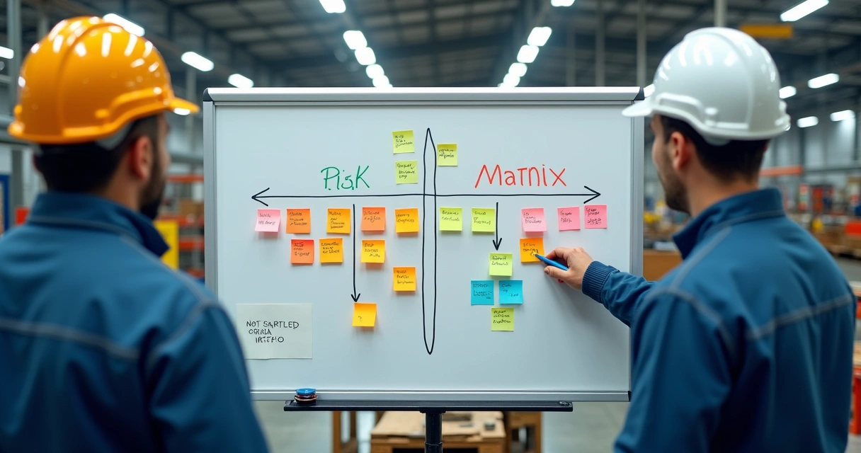 Quadro branco com matriz de riscos colorida em ambiente industrial