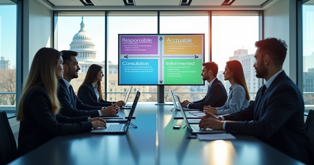 Quadro com matriz RACI destacando papéis responsáveis, aprovadores, consultados e informados para processos licitatórios 