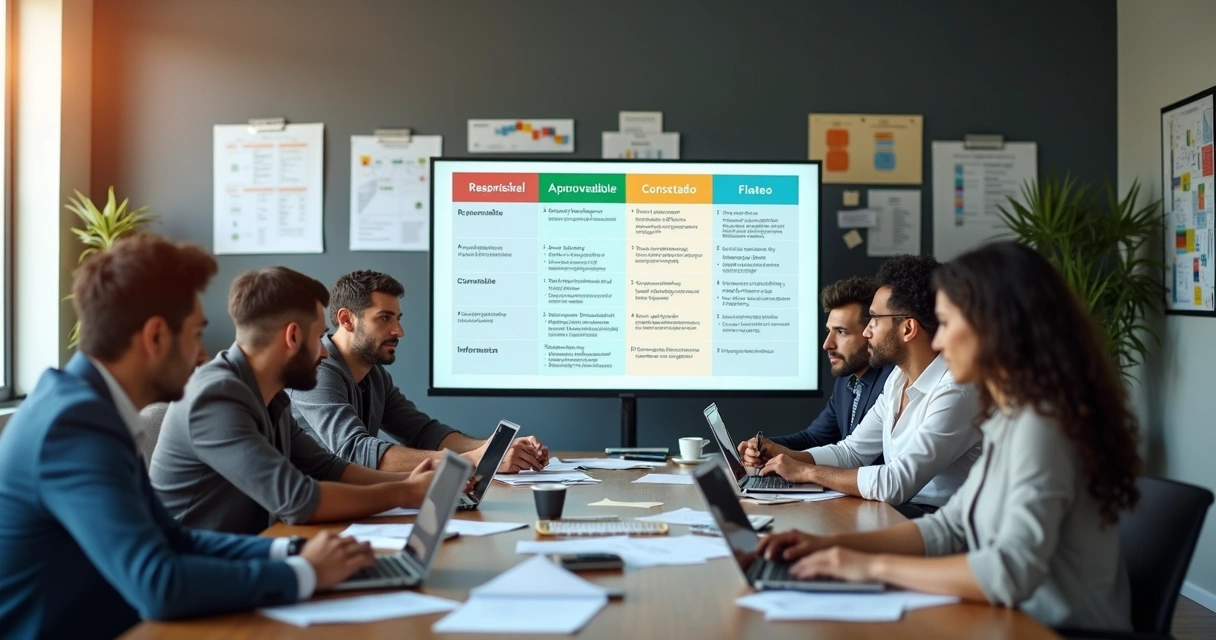 Tabela detalhada da matriz de responsabilidades RACI com equipes colaborando em escritório de licitações 