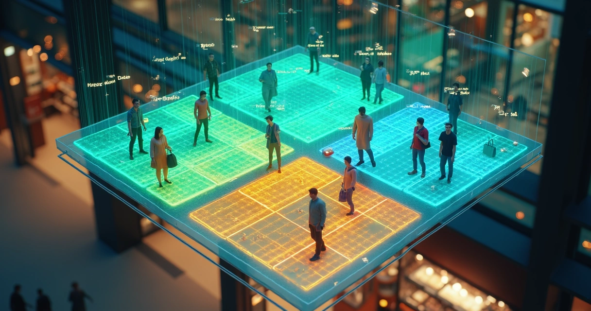 Diagrama colorido de segmentos de clientes em tabela RFM flutuando acima de loja de varejo 