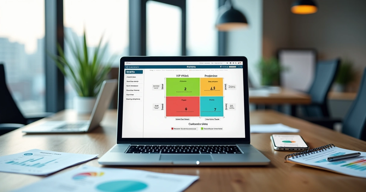 Dashboard de matriz RFV com segmentação de clientes em um notebook sobre mesa de trabalho 