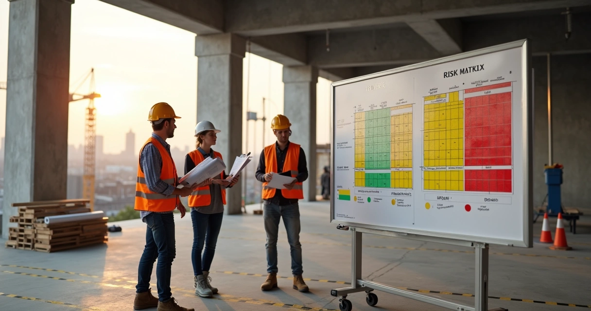 Matriz de risco colorida em quadro branco ao lado de estrutura metálica de obra 