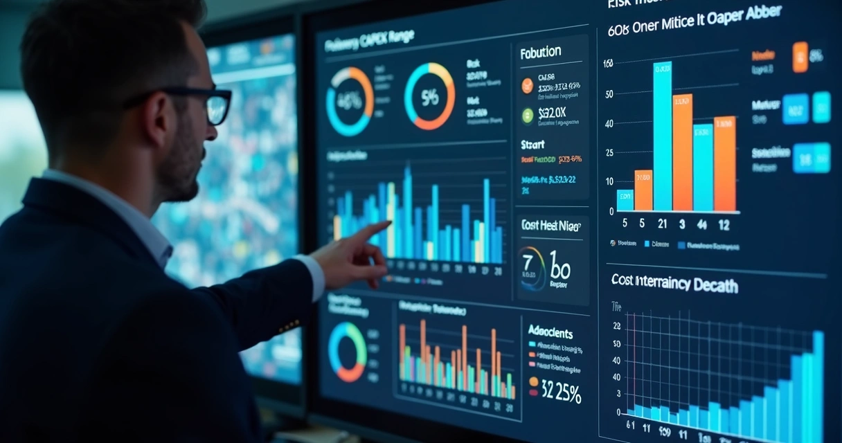 Dashboard com matriz de riscos e faixas de CAPEX 