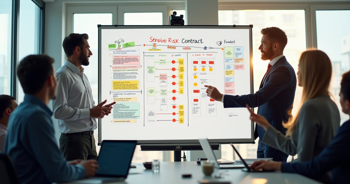Matriz de riscos desenhada em quadro branco com pessoas apontando indicadores de risco