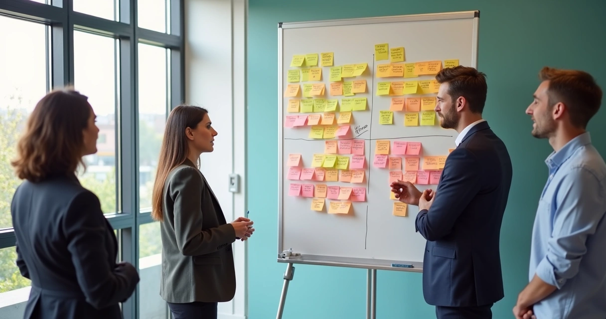 Equipe reunida analisando matriz SWOT em quadro branco 
