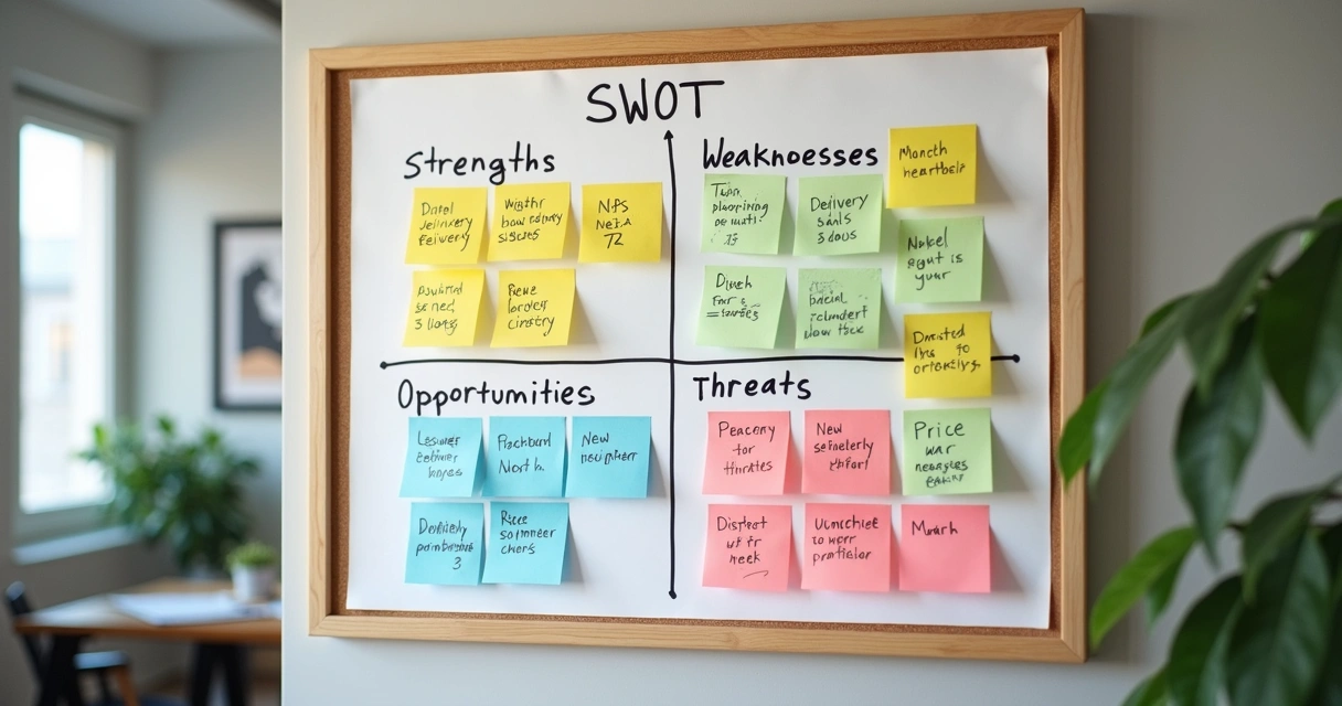 Matriz SWOT com post-its coloridos 