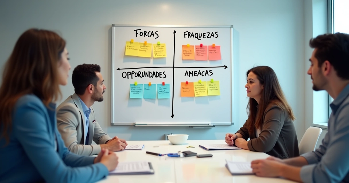 Quadrantes da matriz SWOT preenchidos em quadro branco 