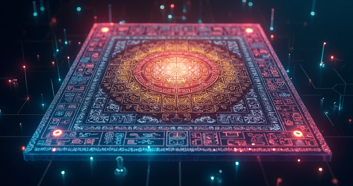 Gráfico com matriz Tzolkin colorida e luzes projetando desde cada célula 