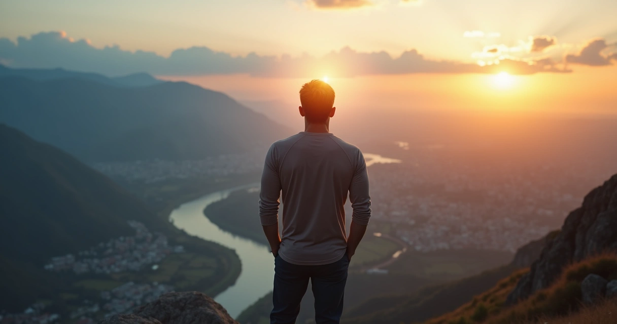 Person on mountain peak with glowing mind overlooking sunrise landscape 