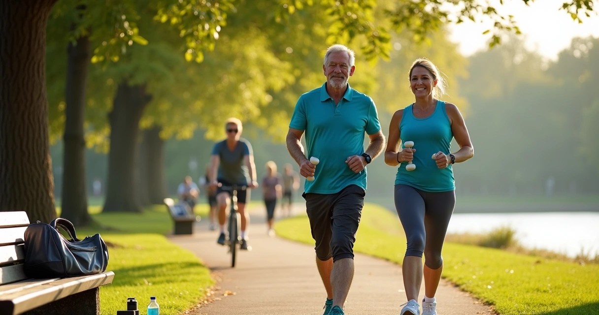 Middle-aged couple with type 2 diabetes exercising together in a park 