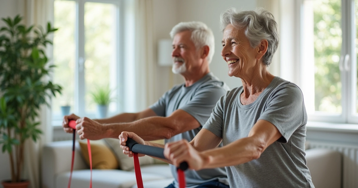 Older couple doing resistance band workout together in a bright living room 