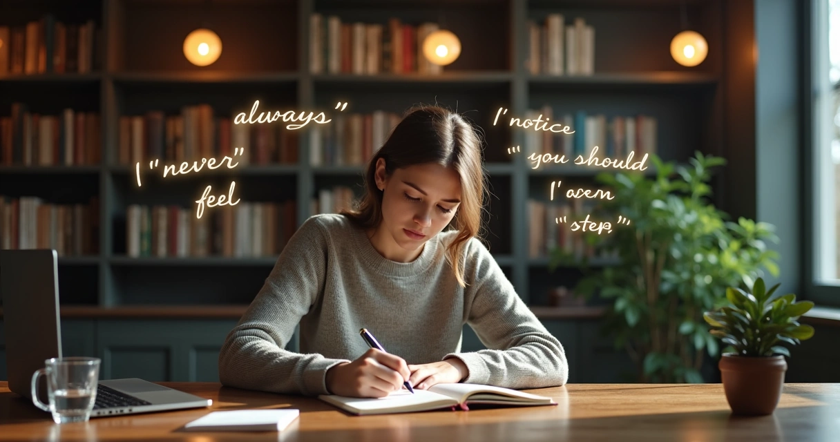 Person in a quiet library surrounded by shifting words in the air 