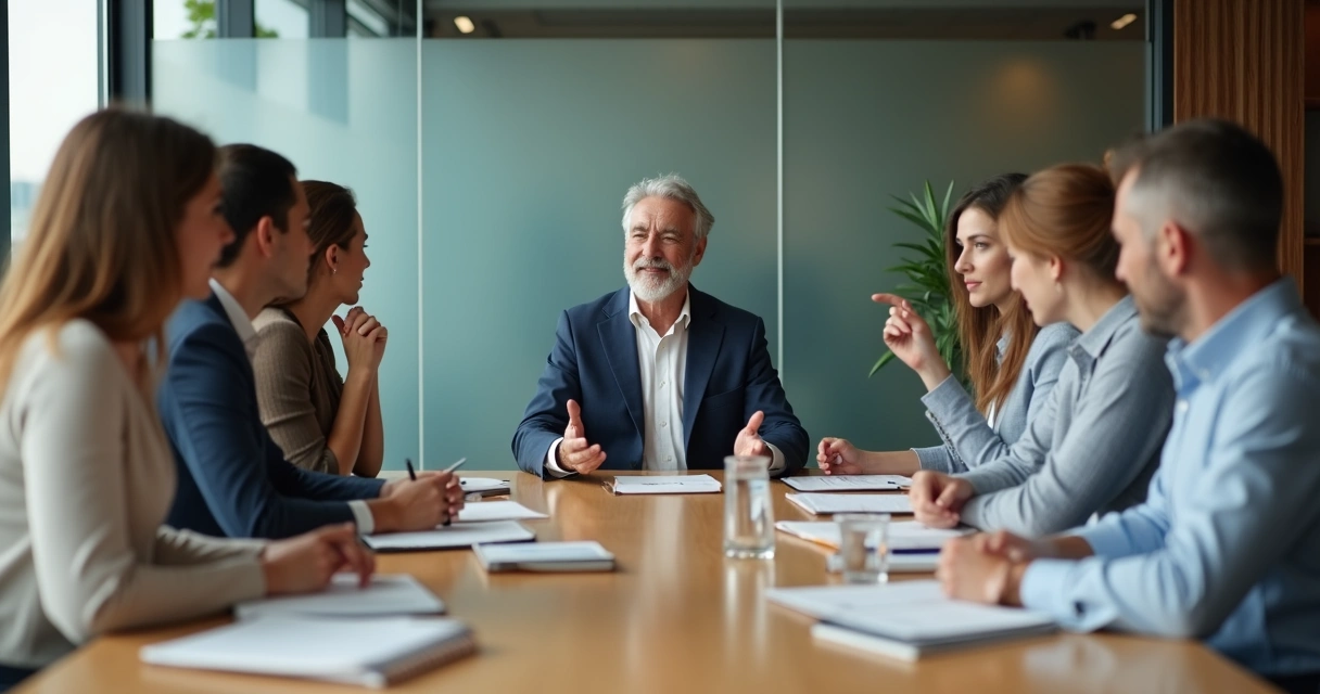 Mature leader guiding diverse team in calm discussion around a table 