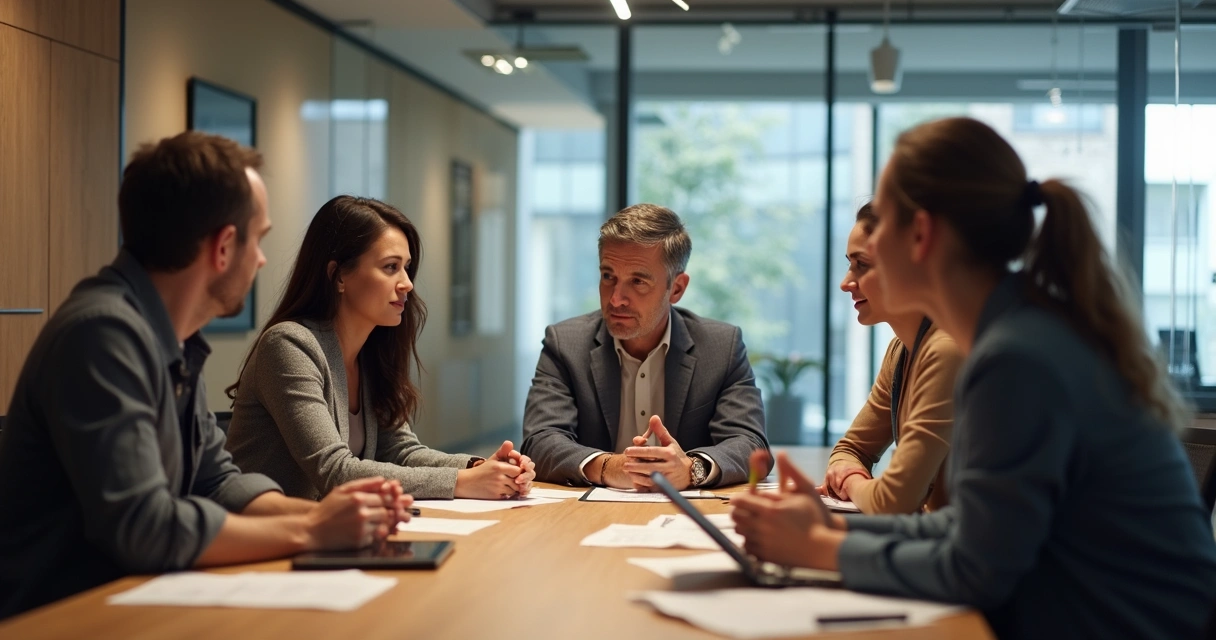 Leader in discussion with team around a table 