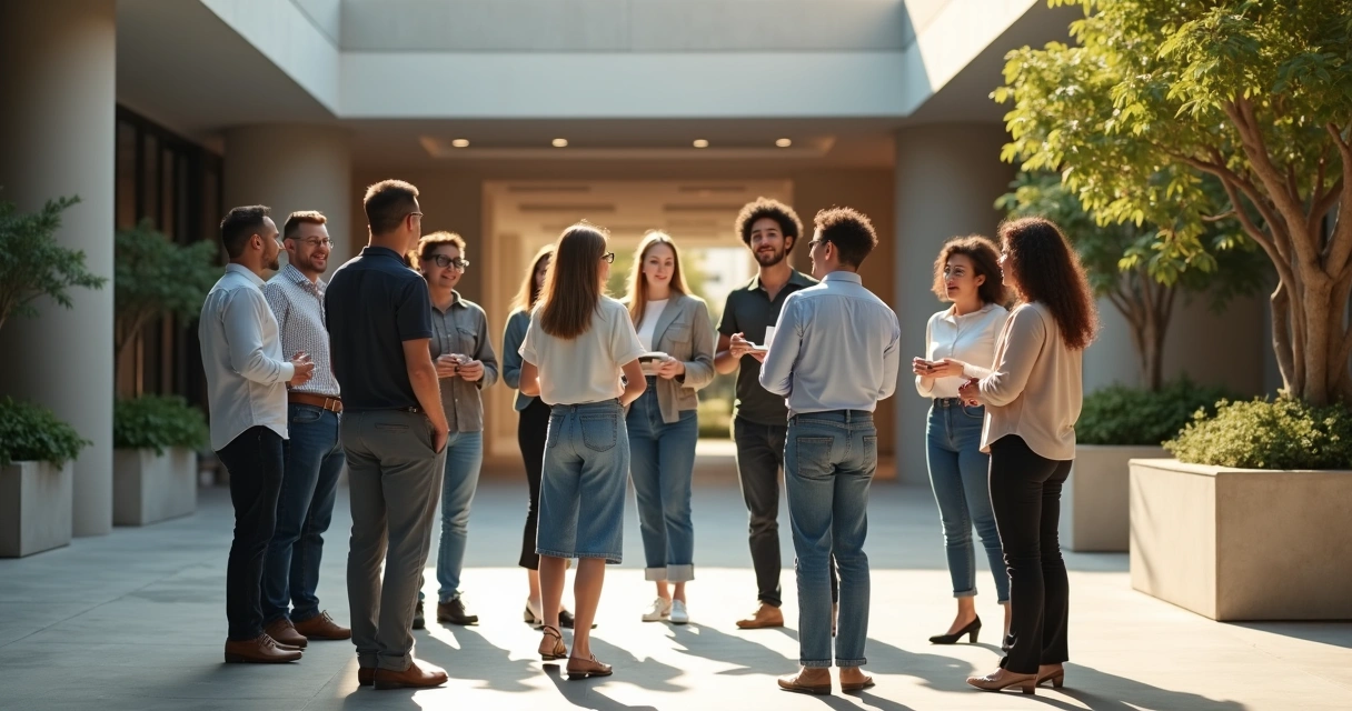 Coworkers standing in a circle practicing responsible communication 