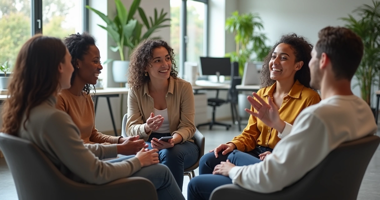 Team sitting in a circle with open body language 