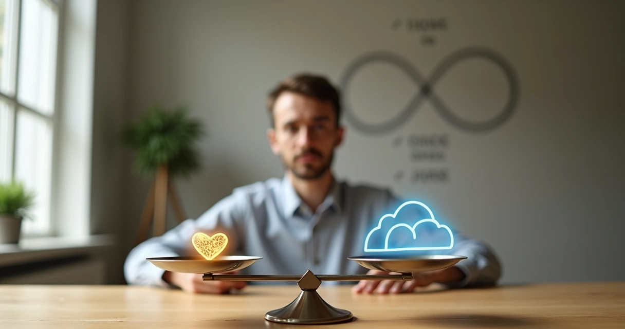 Persona reflexionando con símbolos de valores creencias y juicios equilibrados en una balanza 