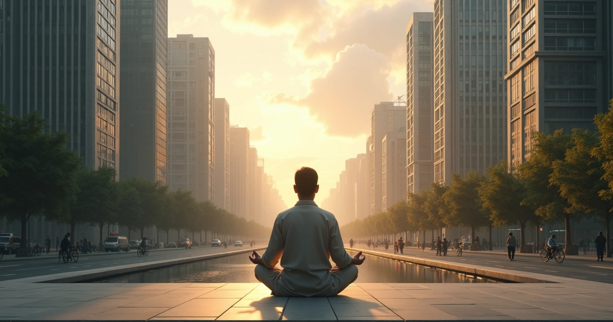 Pessoa meditando diante de cidade dividida entre caos e harmonia 