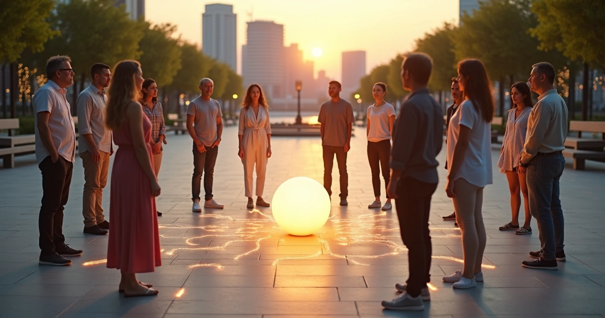 Grupo diverso em círculo conectado por luz representando impacto da consciência no ambiente social 