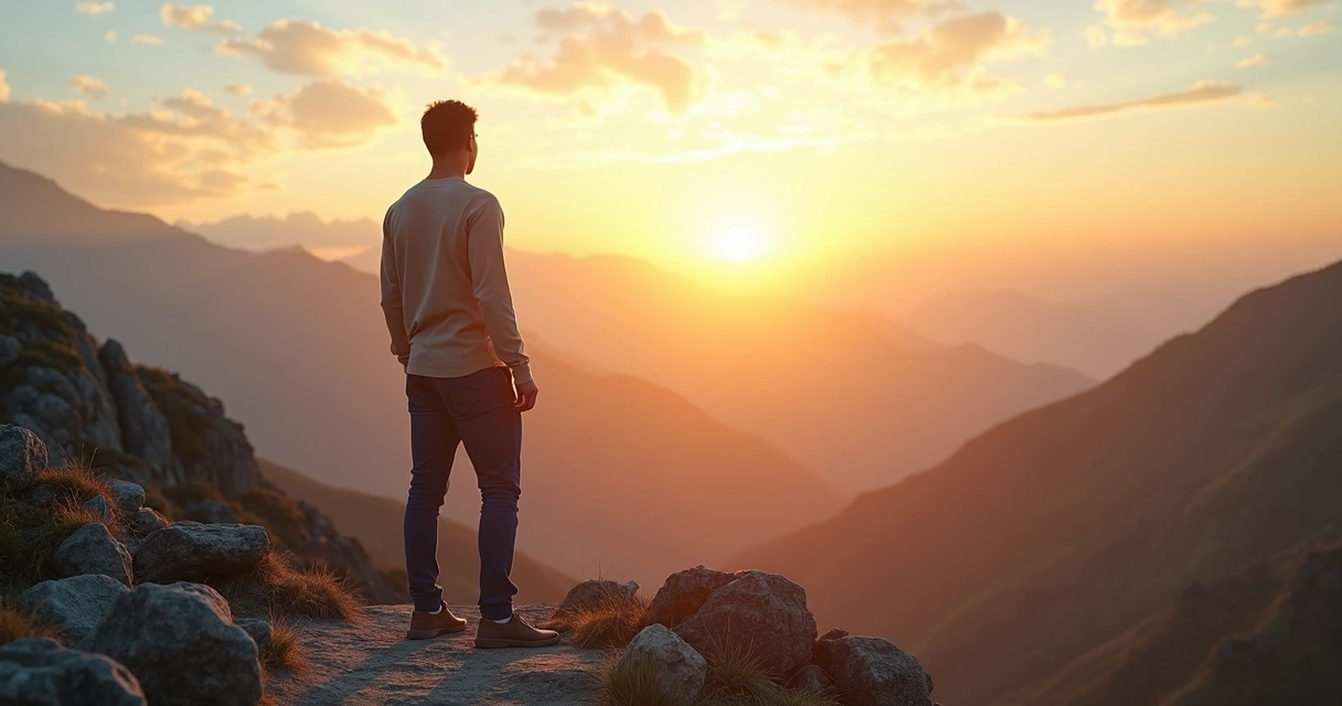 Pessoa em trilha de montanha olhando horizonte em reflexão profunda 