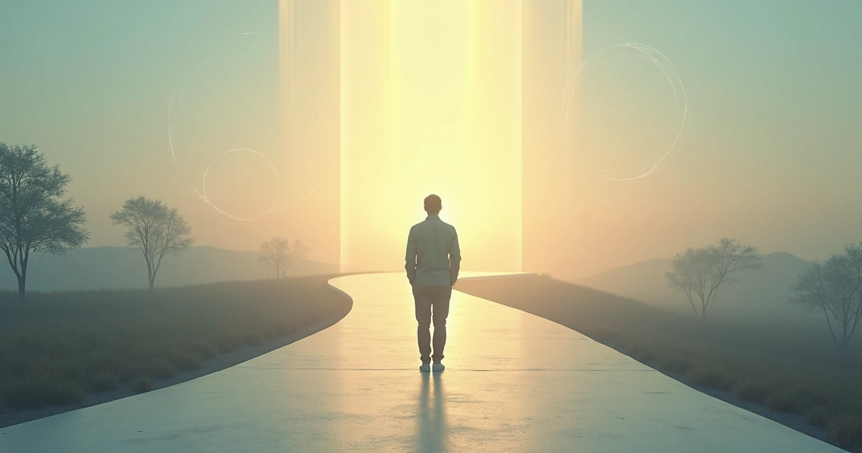 Pessoa em pé diante de caminho iluminado simbolizando maturidade da consciência 