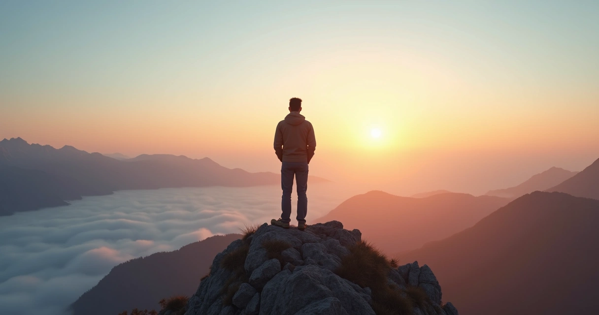 Pessoa em pé no topo de uma montanha ao nascer do sol em postura de contemplação 