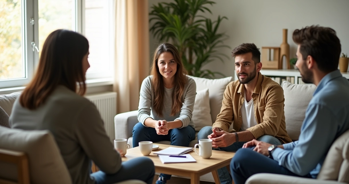 Grupo diverso sentado em círculo dialogando com calma e conexão 