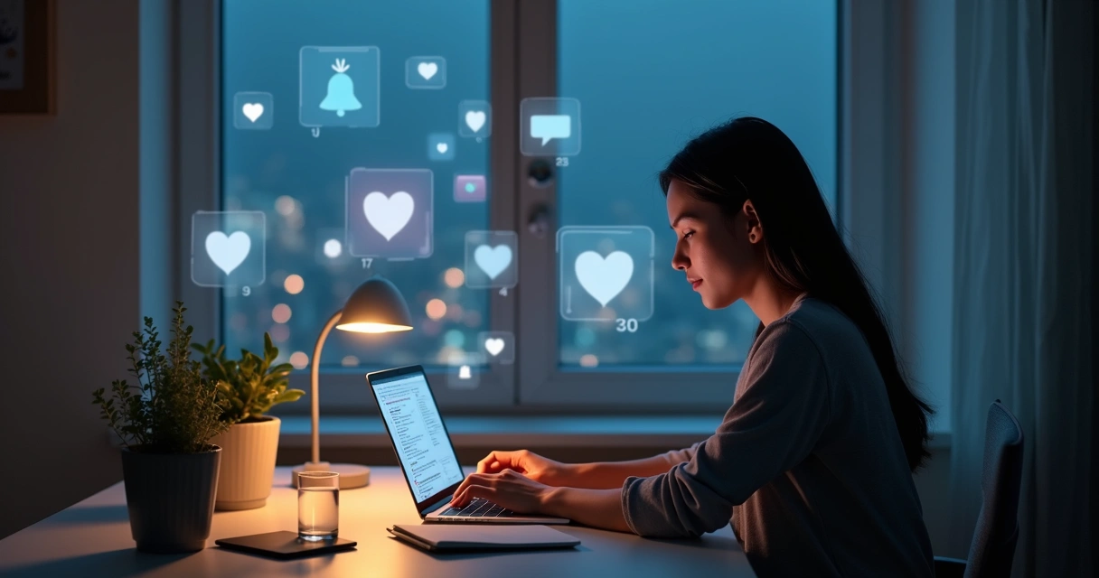 Pessoa observando várias janelas digitais em volta com expressão calma e focada 