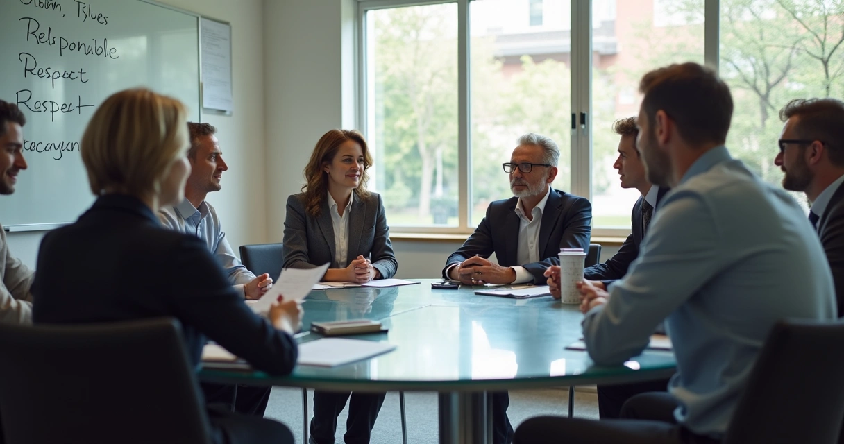 Equipe reunida tomando decisões com base em valores 