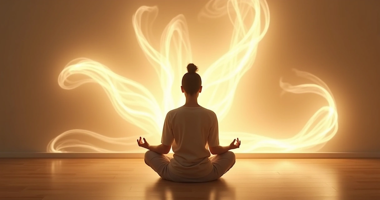 Pessoa meditando em ambiente tranquilo, com formas iluminadas ao redor 