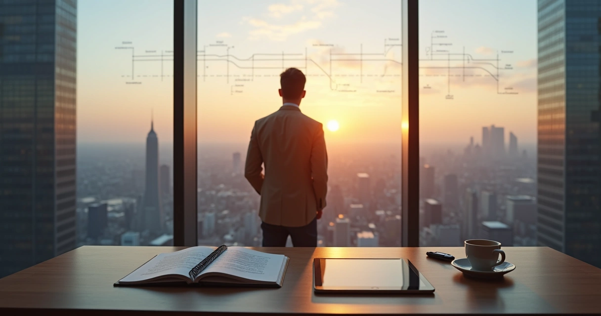 Pessoa observando cidade futurista refletindo antes de tomar decisão 