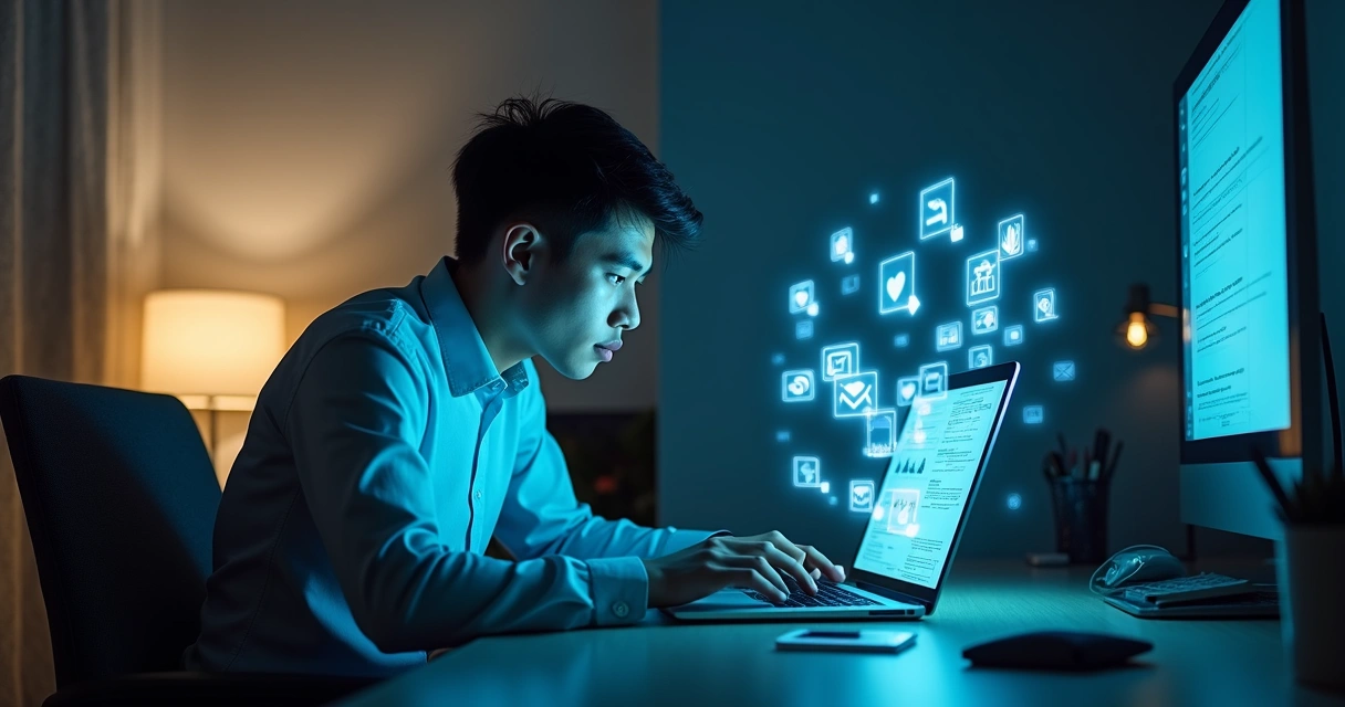 Profissional em frente ao computador cercado por notificações digitais e distrações 