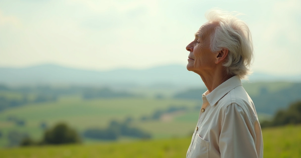 Pessoa mais velha olhando para o horizonte com expressão tranquila 